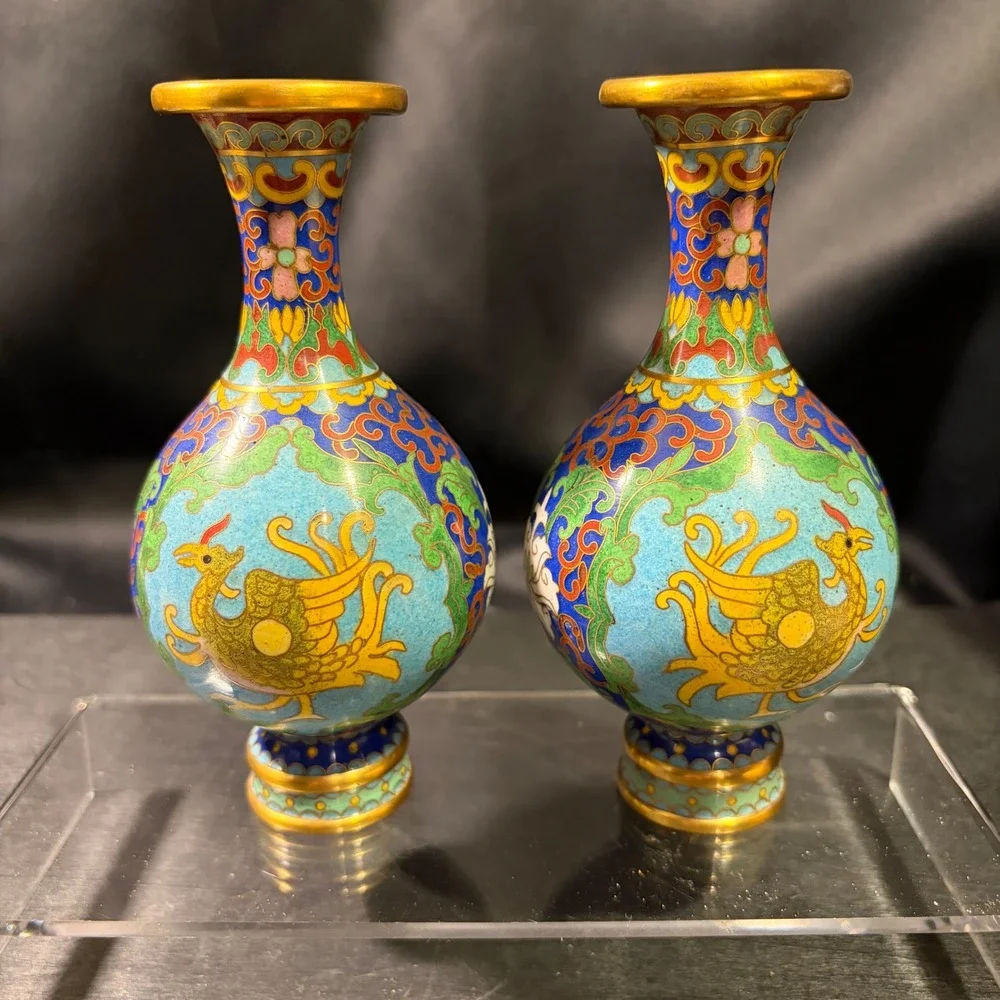 Vintage Chinese Cloisonne Enamel Phoenix Miniature Bud Vases Pair Turquoise 4in